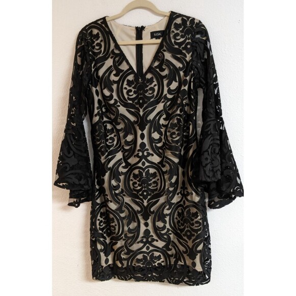MSK Dresses & Skirts - MSK Women's Black Lace Bell Sleeve V-Neck Fully Lined Party Occasion Dress 8